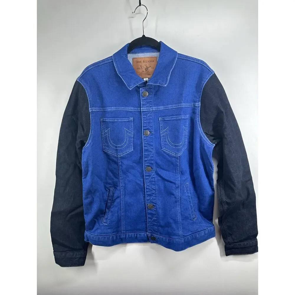 True Religion Men's Dylan 2 Tone Denim Jacket Sz L blue royal Jeans trucker RARE